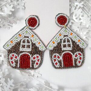 Handmade Beaded Earring, Gingerbread House Metallic and White
